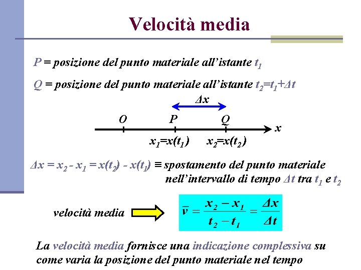 Velocità media P = posizione del punto materiale all’istante t 1 Q = posizione