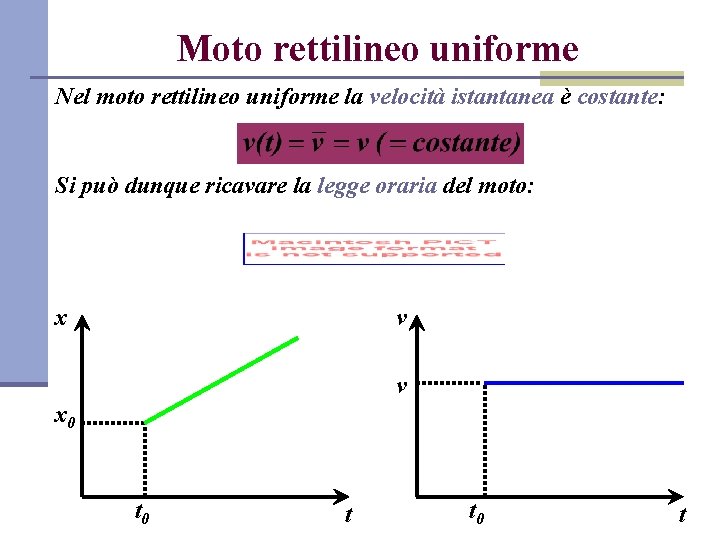 Moto rettilineo uniforme Nel moto rettilineo uniforme la velocità istantanea è costante: Si può