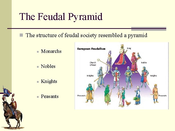 The Feudal Pyramid n The structure of feudal society resembled a pyramid n Monarchs