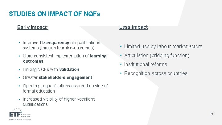 STUDIES ON IMPACT OF NQFs Early impact: Less impact: • Improved transparency of qualifications