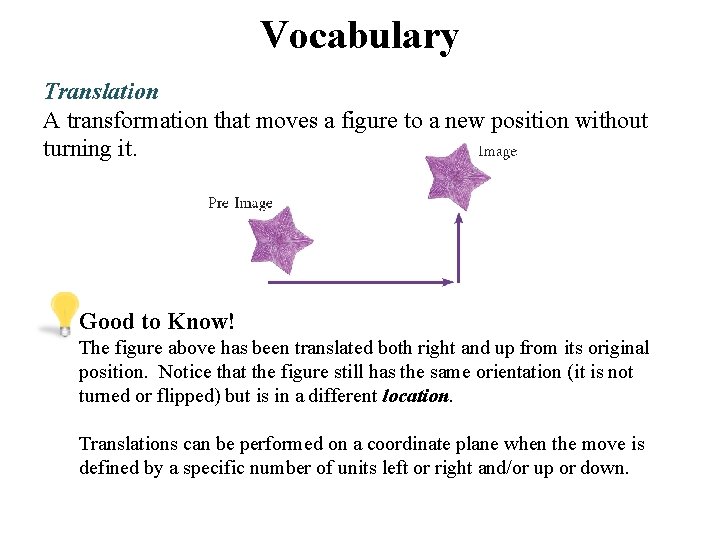 Vocabulary Translation A transformation that moves a figure to a new position without turning Vocabulary Translation A transformation that moves a figure to a new position without turning