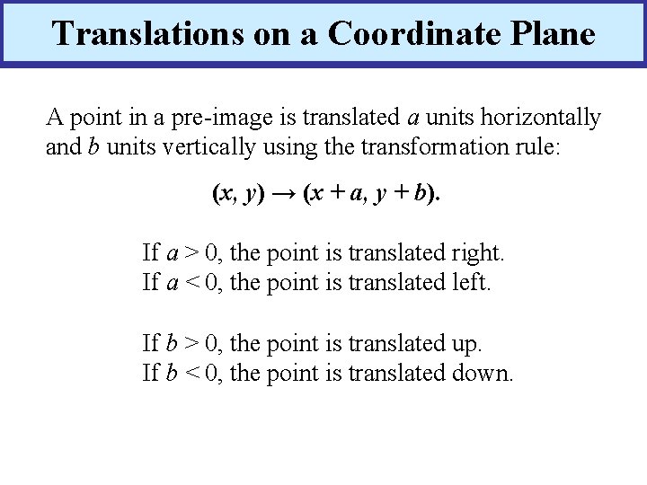 Translations on a Coordinate Plane A point in a pre-image is translated a units Translations on a Coordinate Plane A point in a pre-image is translated a units