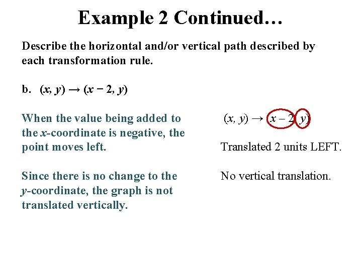Example 2 Continued… Describe the horizontal and/or vertical path described by each transformation rule. Example 2 Continued… Describe the horizontal and/or vertical path described by each transformation rule.