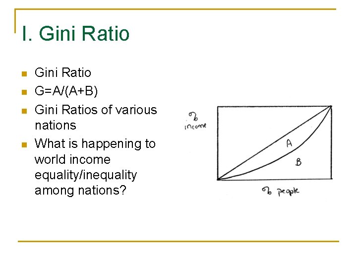 I. Gini Ratio n n Gini Ratio G=A/(A+B) Gini Ratios of various nations What