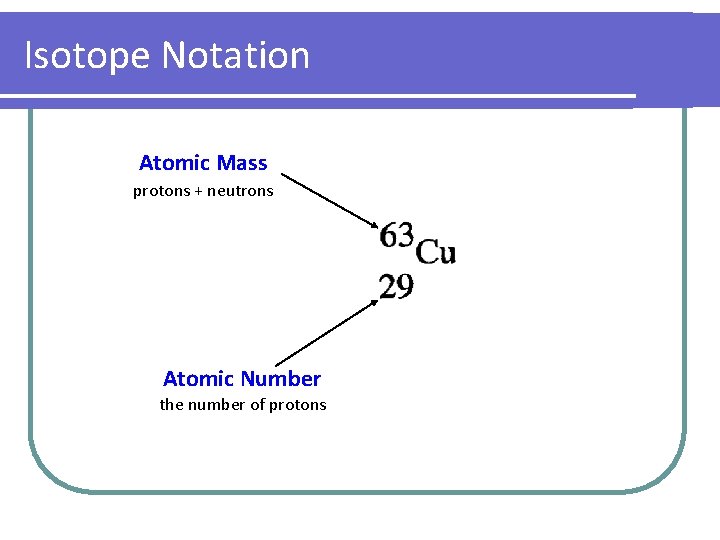 Isotope Notation Atomic Mass protons + neutrons Atomic Number the number of protons Isotope Notation Atomic Mass protons + neutrons Atomic Number the number of protons