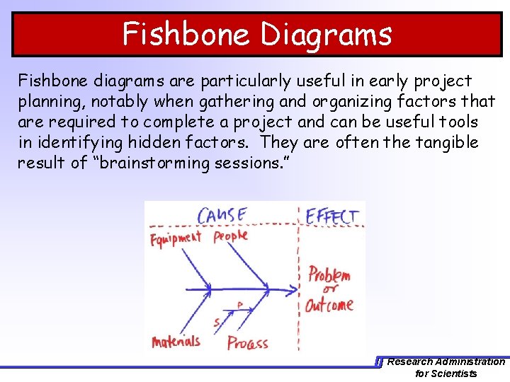 Fishbone Diagrams Fishbone diagrams are particularly useful in early project planning, notably when gathering