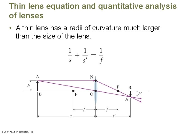 Thin lens equation and quantitative analysis of lenses • A thin lens has a