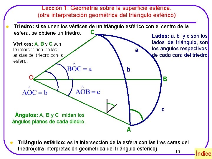 Lección 1: Geometría sobre la superficie esférica. (otra interpretación geométrica del triángulo esférico) Triedro: