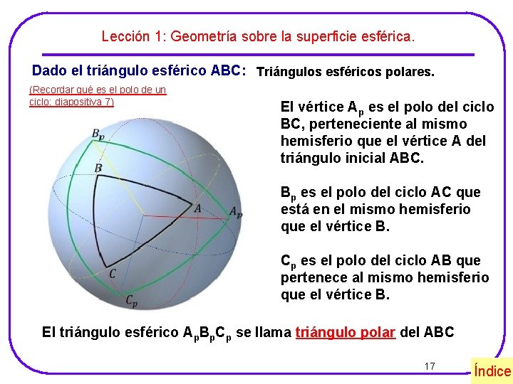 Lección 1: Geometría sobre la superficie esférica. Dado el triángulo esférico ABC: Triángulos esféricos