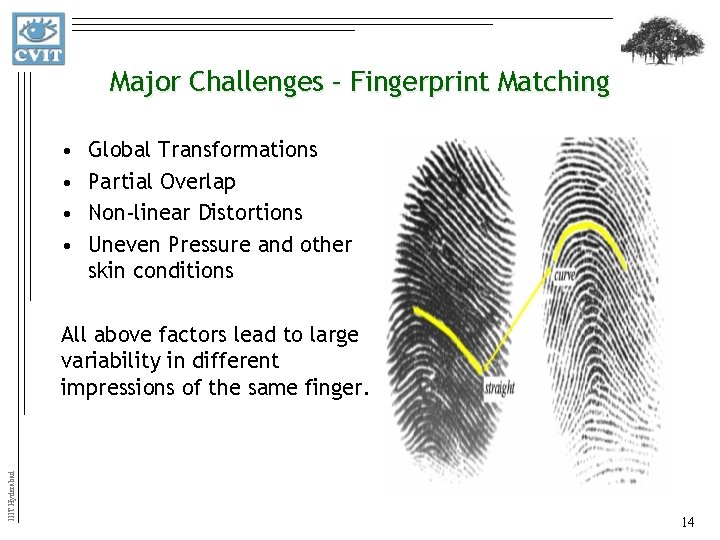 Major Challenges – Fingerprint Matching • • Global Transformations Partial Overlap Non-linear Distortions Uneven