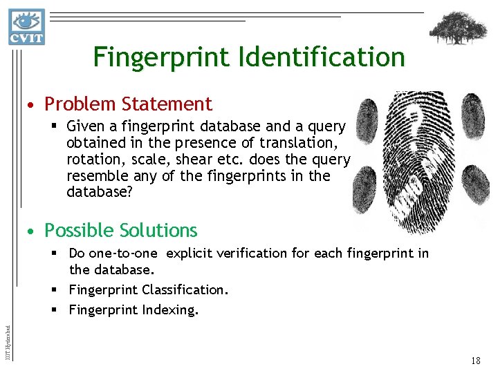 Fingerprint Identification • Problem Statement § Given a fingerprint database and a query obtained