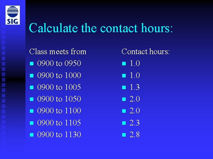 Calculate the contact hours: Class meets from n 0900 to 0950 n 0900 to