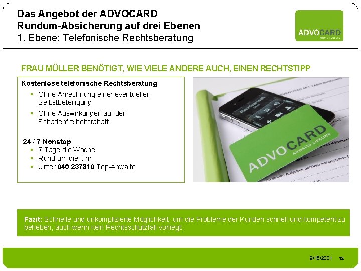 Das Angebot der ADVOCARD Rundum-Absicherung auf drei Ebenen 1. Ebene: Telefonische Rechtsberatung FRAU MÜLLER