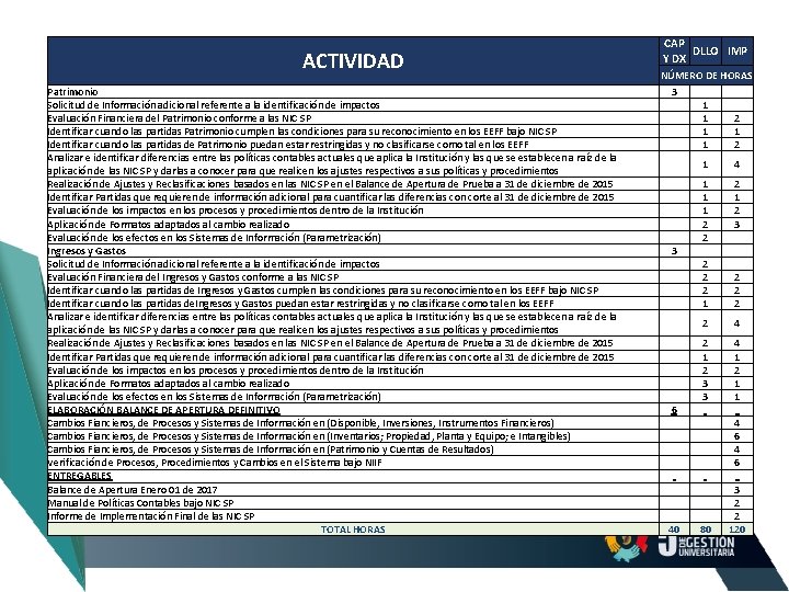 ACTIVIDAD Patrimonio Solicitud de Información adicional referente a la identificación de impactos Evaluación Financiera