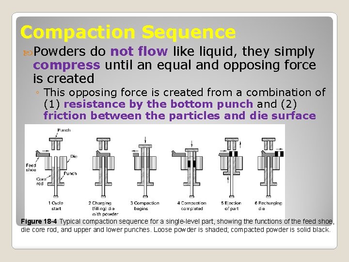 Compaction Sequence Powders do not flow like liquid, they simply compress until an equal