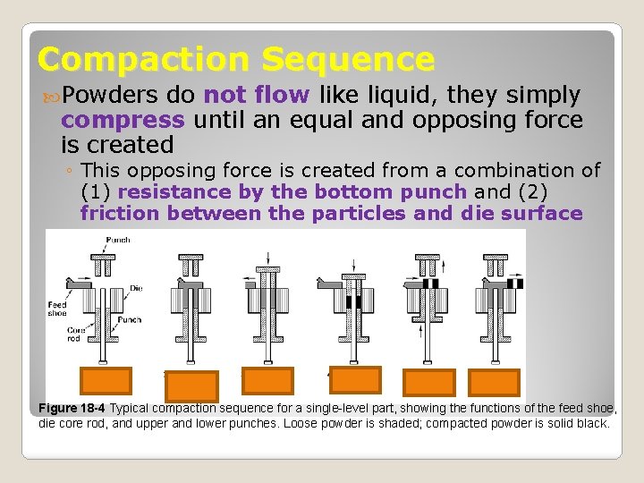 Compaction Sequence Powders do not flow like liquid, they simply compress until an equal