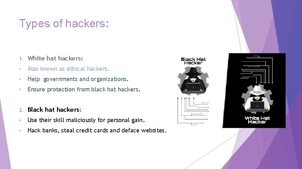 Types of hackers: 1. White hat hackers: • Also known as ethical hackers. •