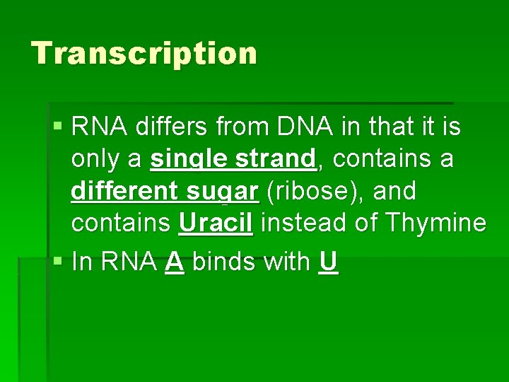 Transcription § RNA differs from DNA in that it is only a single strand,