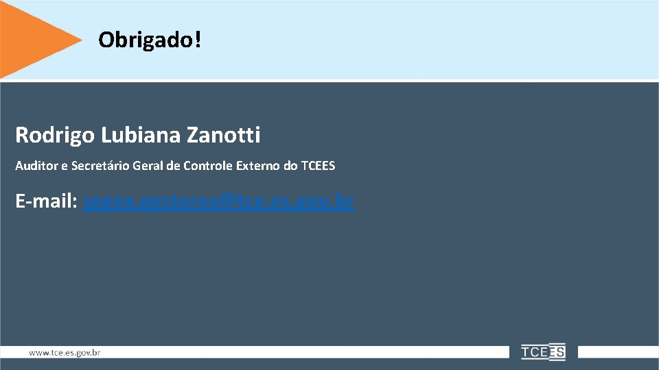 Obrigado! Rodrigo Lubiana Zanotti Auditor e Secretário Geral de Controle Externo do TCEES E-mail: