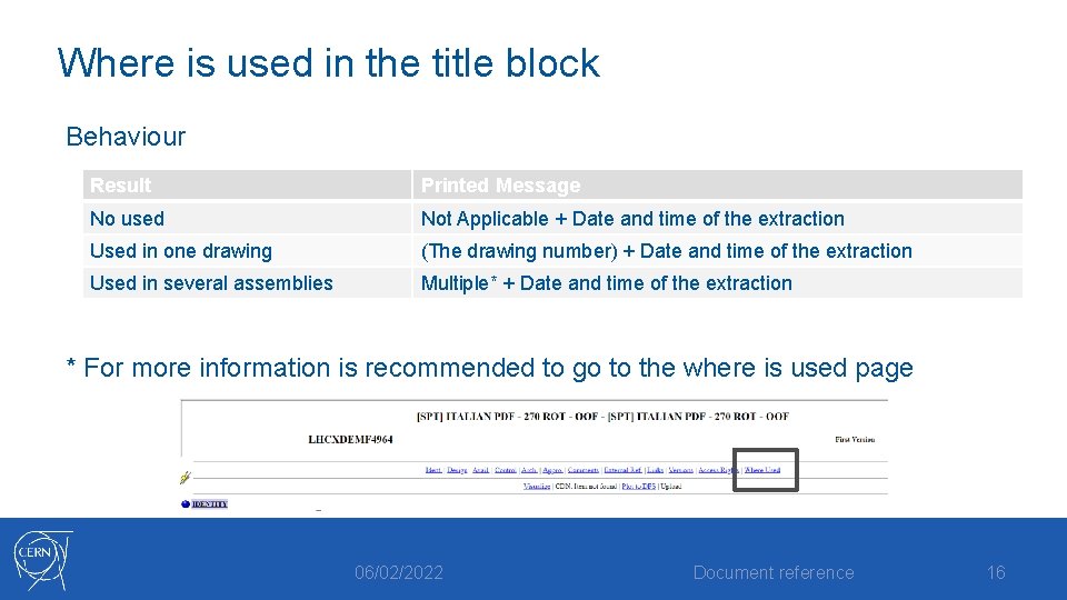 Where is used in the title block Behaviour Result Printed Message No used Not