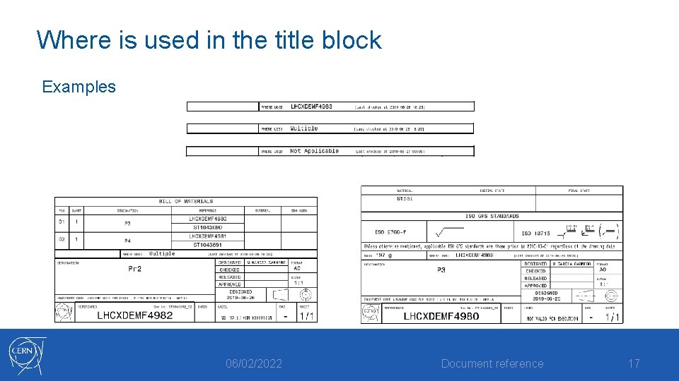 Where is used in the title block Examples 06/02/2022 Document reference 17 