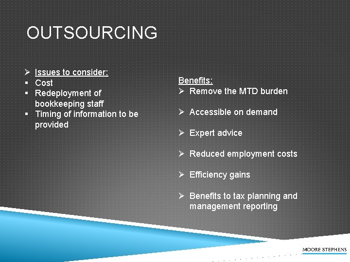 OUTSOURCING Ø Issues to consider: § Cost § Redeployment of bookkeeping staff § Timing