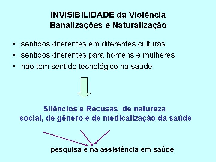 INVISIBILIDADE da Violência Banalizações e Naturalização • sentidos diferentes em diferentes culturas • sentidos