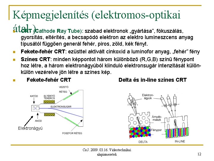 Képmegjelenítés (elektromos-optikai átal. ) CRT (Cathode Ray Tube): szabad elektronok „gyártása”, fókuszálás, n n