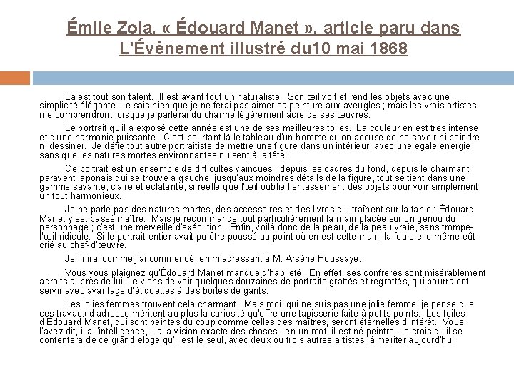 Émile Zola, « Édouard Manet » , article paru dans L'Évènement illustré du 10