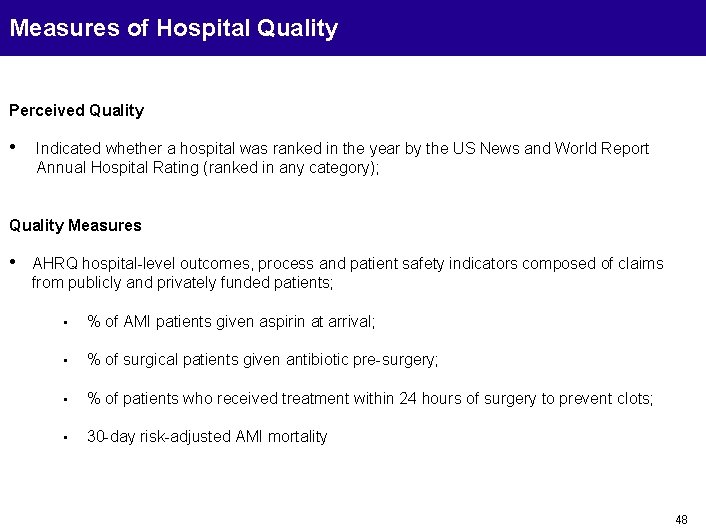 Measures of Hospital Quality Perceived Quality • Indicated whether a hospital was ranked in