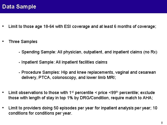 Data Sample • Limit to those age 18 -64 with ESI coverage and at