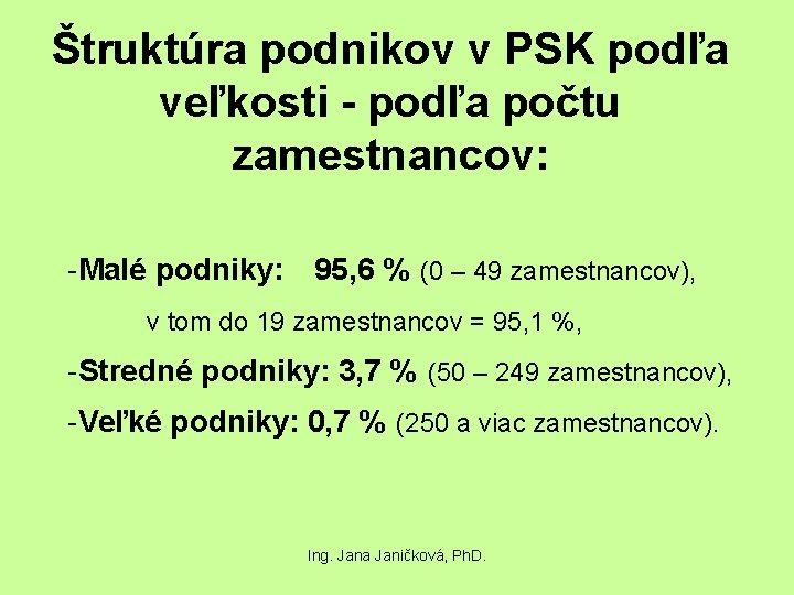 Štruktúra podnikov v PSK podľa veľkosti - podľa počtu zamestnancov: -Malé podniky: 95, 6