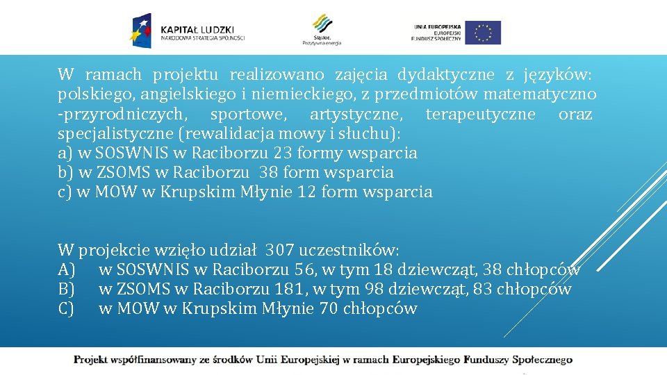 W ramach projektu realizowano zajęcia dydaktyczne z języków: polskiego, angielskiego i niemieckiego, z przedmiotów