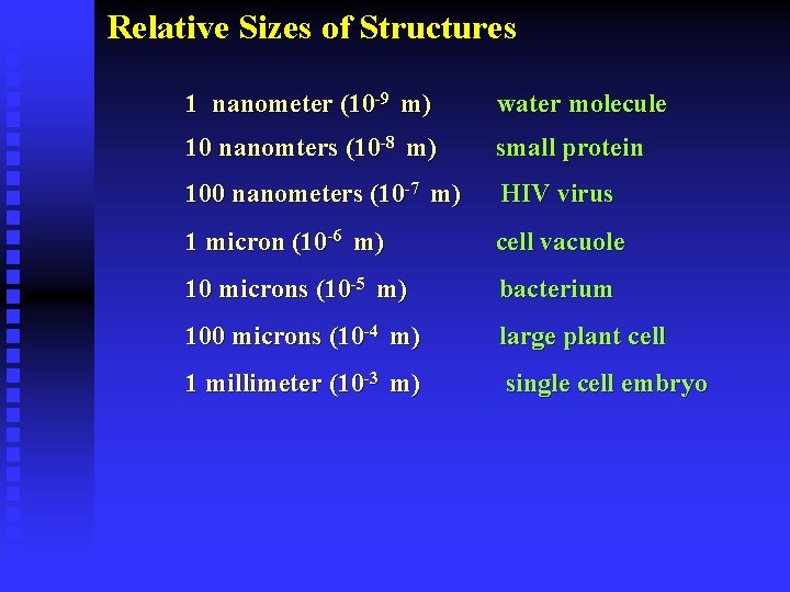 Relative Sizes of Structures 1 nanometer (10 -9 m) water molecule 10 nanomters (10