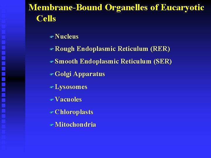 Membrane-Bound Organelles of Eucaryotic Cells F Nucleus F Rough Endoplasmic Reticulum (RER) F Smooth