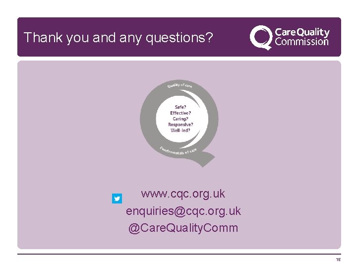 Thank you and any questions? www. cqc. org. uk enquiries@cqc. org. uk @Care. Quality.
