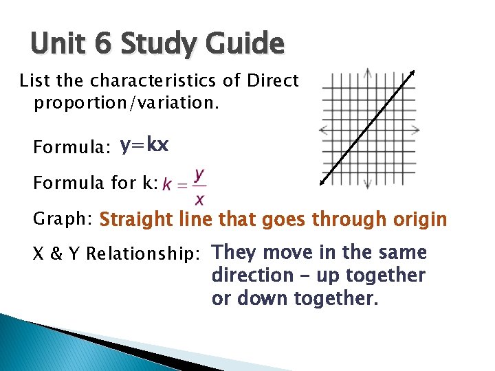 Unit 6 Study Guide List the characteristics of Direct proportion/variation. Formula: y=kx Formula for