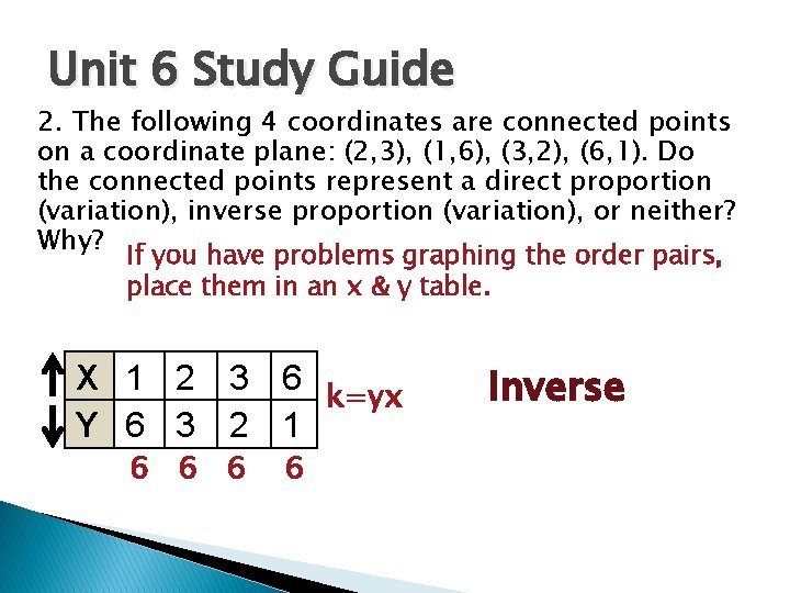 Unit 6 Study Guide 2. The following 4 coordinates are connected points on a