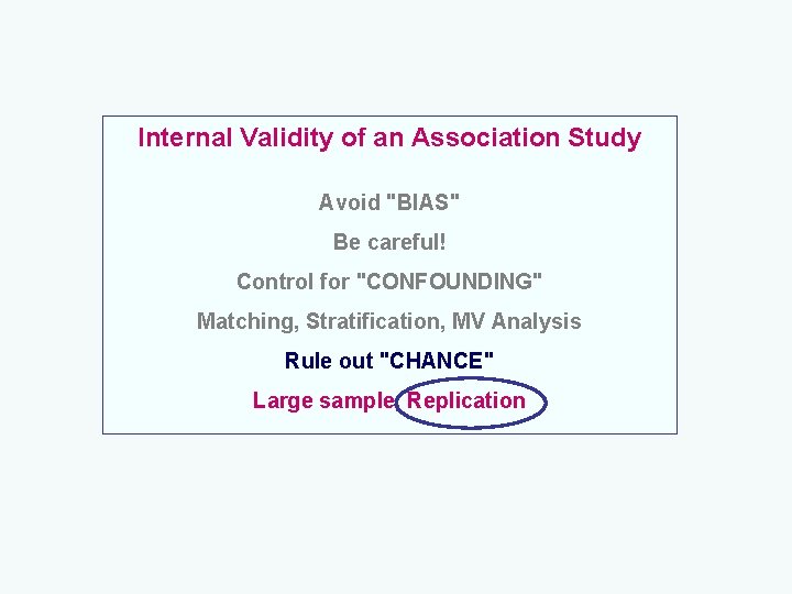Internal Validity of an Association Study Avoid "BIAS" Be careful! Control for "CONFOUNDING" Matching,