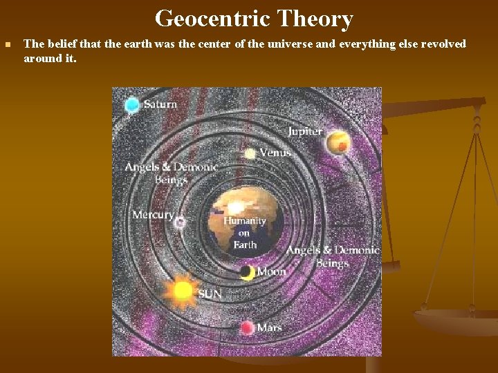 Geocentric Theory n The belief that the earth was the center of the universe