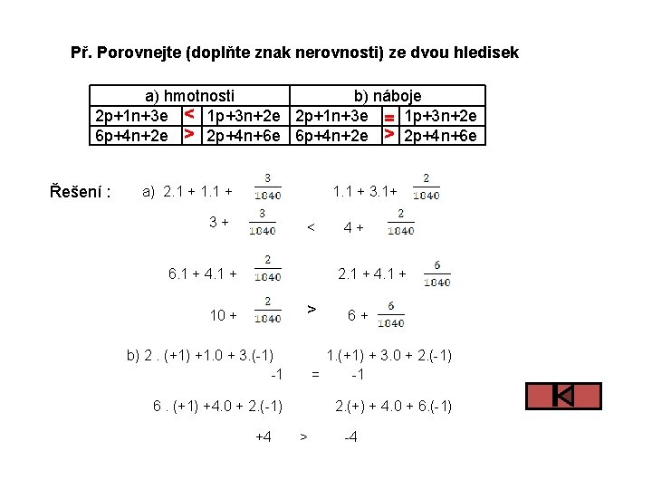 Př. Porovnejte (doplňte znak nerovnosti) ze dvou hledisek a) hmotnosti b) náboje 2 p+1