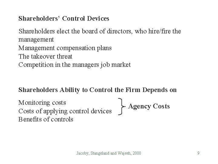 Shareholders’ Control Devices Shareholders elect the board of directors, who hire/fire the management Management