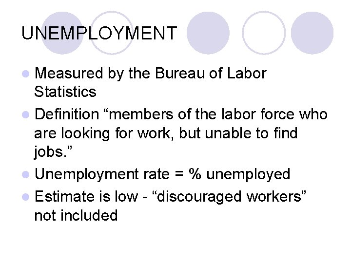 UNEMPLOYMENT l Measured by the Bureau of Labor Statistics l Definition “members of the