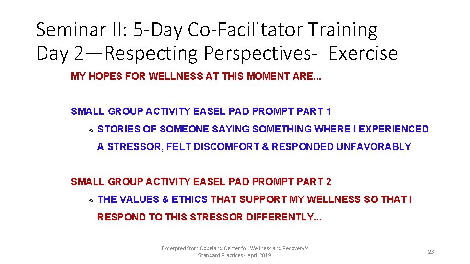 Seminar II: 5 -Day Co-Facilitator Training Day 2—Respecting Perspectives- Exercise MY HOPES FOR WELLNESS