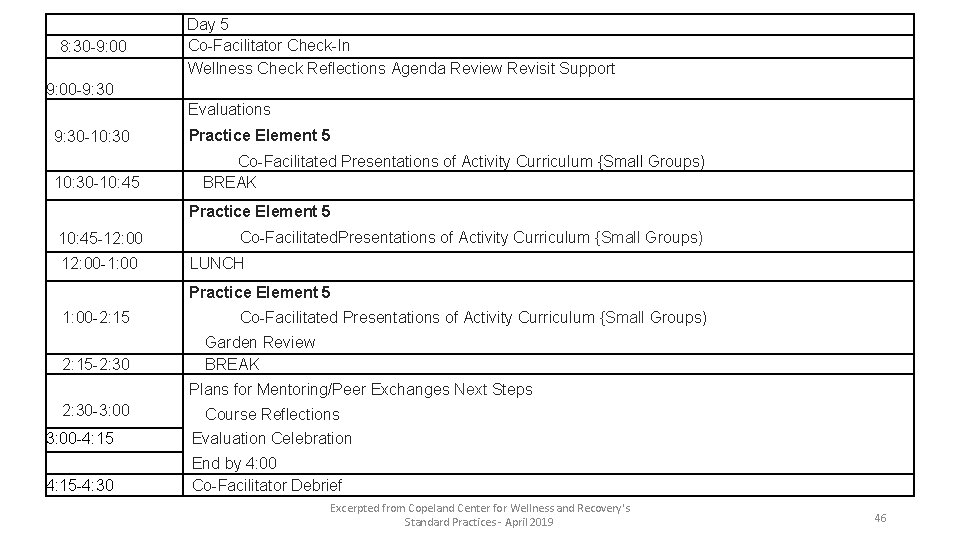 8: 30 -9: 00 Day 5 Co-Facilitator Check-In Wellness Check Reflections Agenda Review Revisit