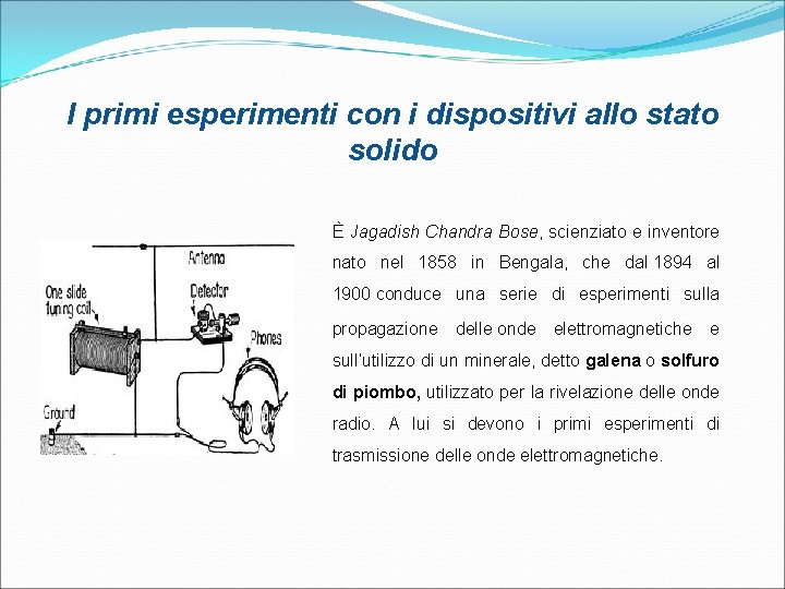 I primi esperimenti con i dispositivi allo stato solido È Jagadish Chandra Bose, scienziato