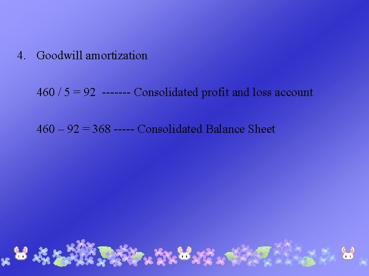 4. Goodwill amortization 460 / 5 = 92 ------- Consolidated profit and loss account