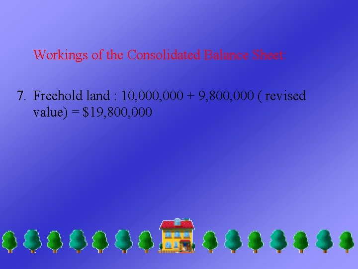 Workings of the Consolidated Balance Sheet: 7. Freehold land : 10, 000 + 9,