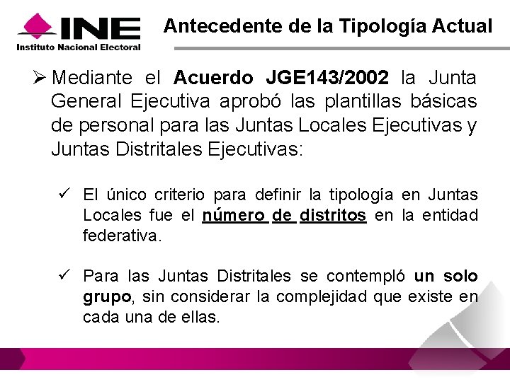 Antecedente de la Tipología Actual Ø Mediante el Acuerdo JGE 143/2002 la Junta General