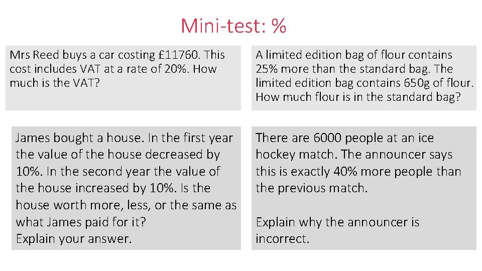 Mini-test: % Mrs Reed buys a car costing £ 11760. This cost includes VAT Mini-test: % Mrs Reed buys a car costing £ 11760. This cost includes VAT